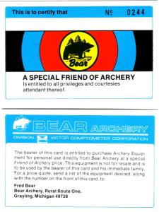 Fred Bear Friend of Archery Discount Card